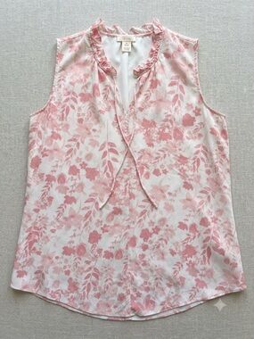 ECRU 100% Silk Pink Floral Ruffle Blouse Tank Top Small